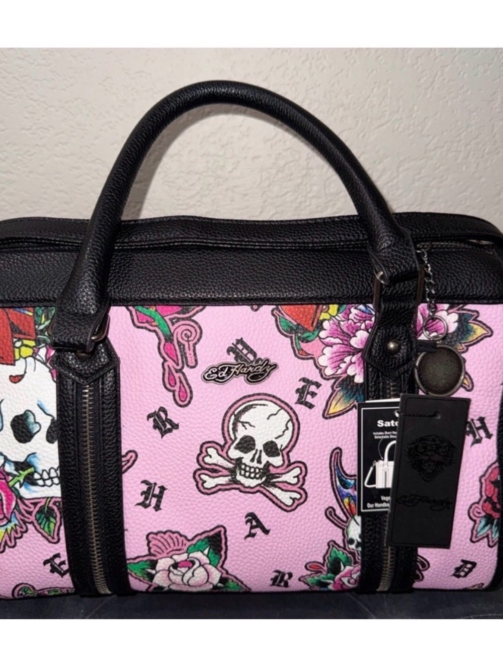 Ed Hardy Pink Skull & Floral Satchel with Black Trim
